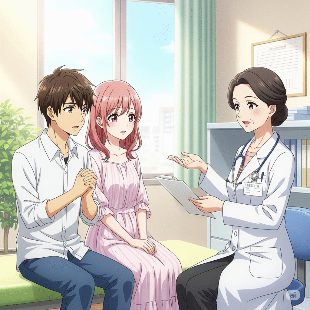 お医者さんから説明を聞いている夫婦