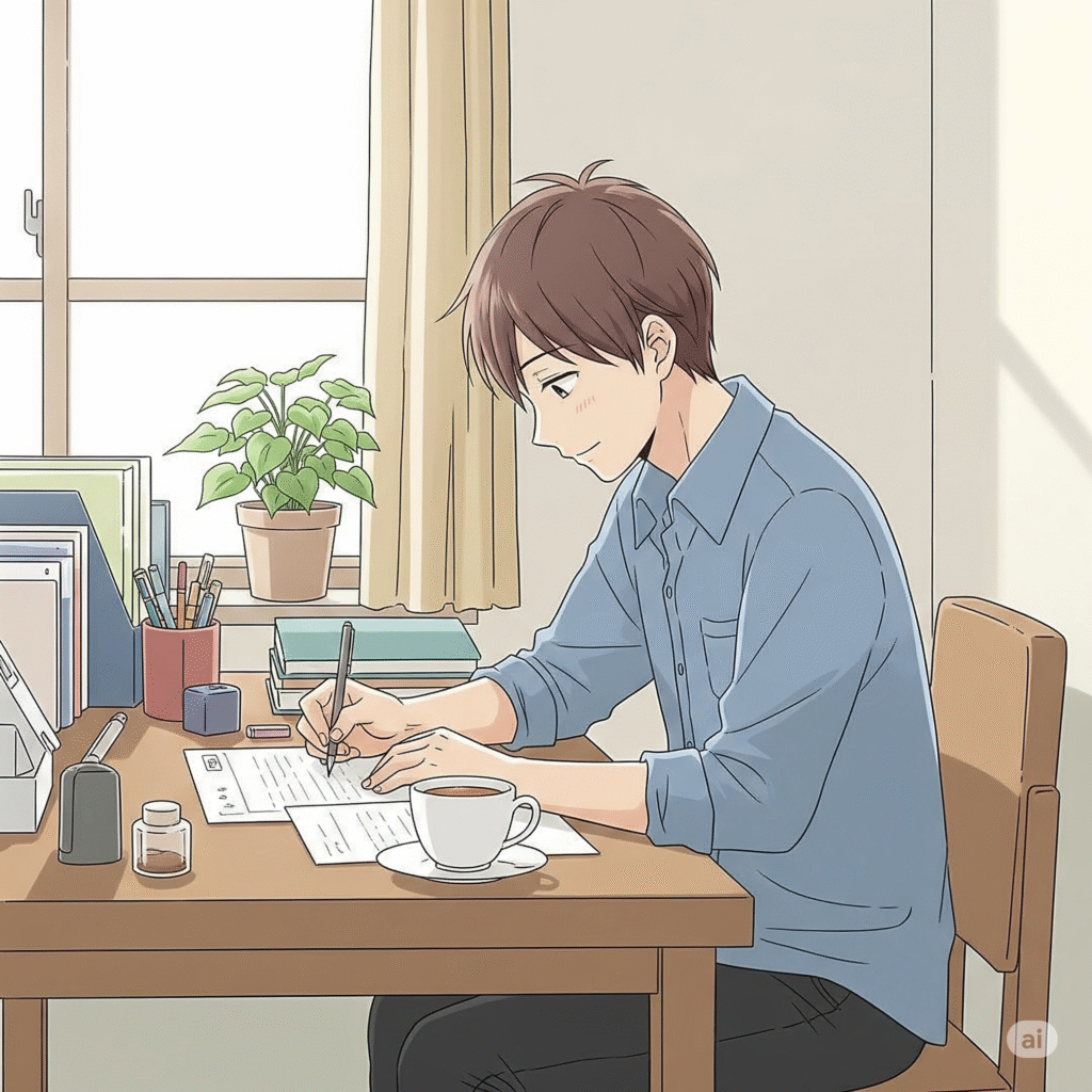 書類を書いている男性