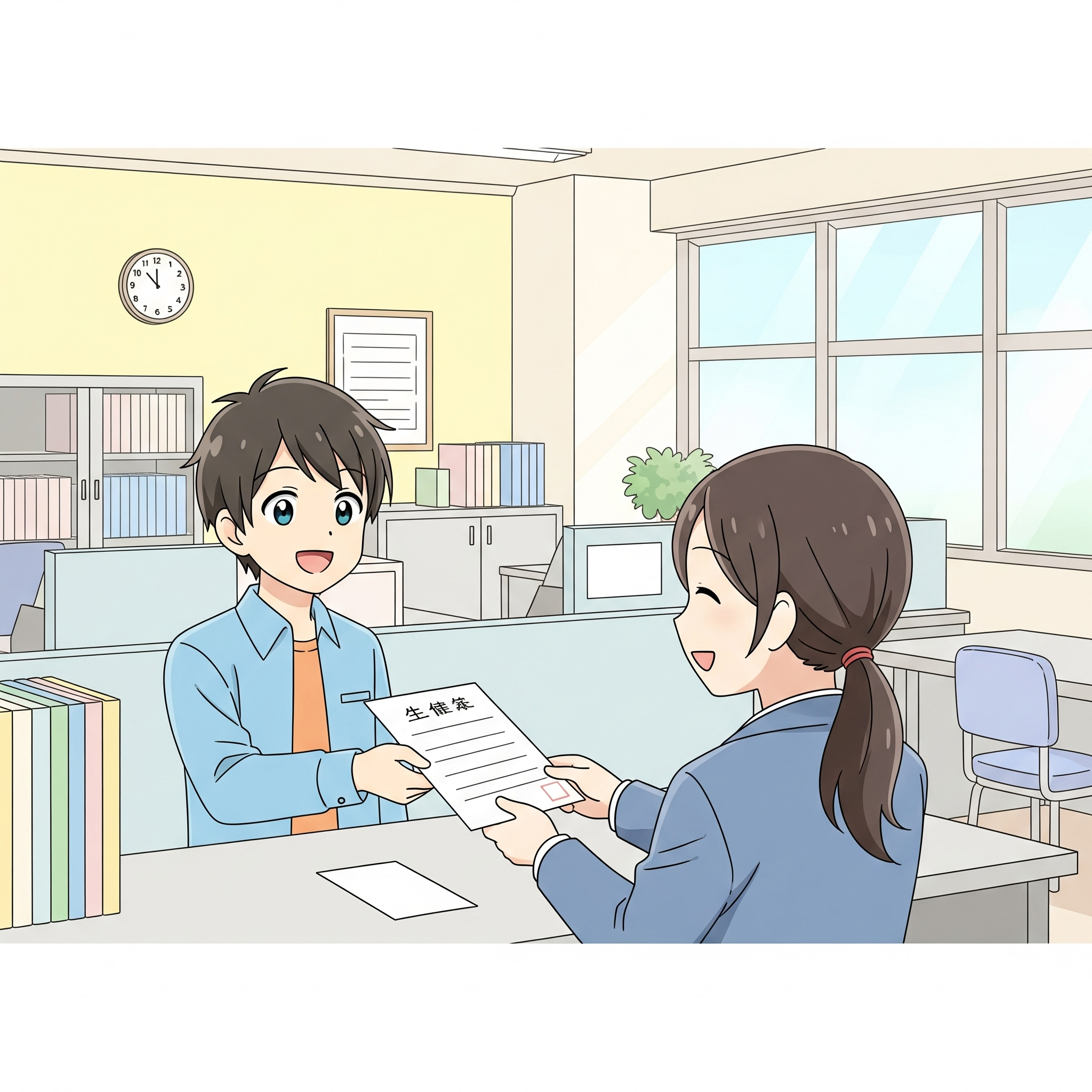 役所で手続きをしている男性