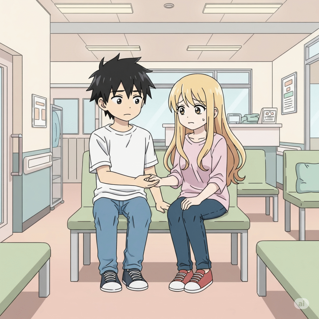 病院で待っている若い夫婦