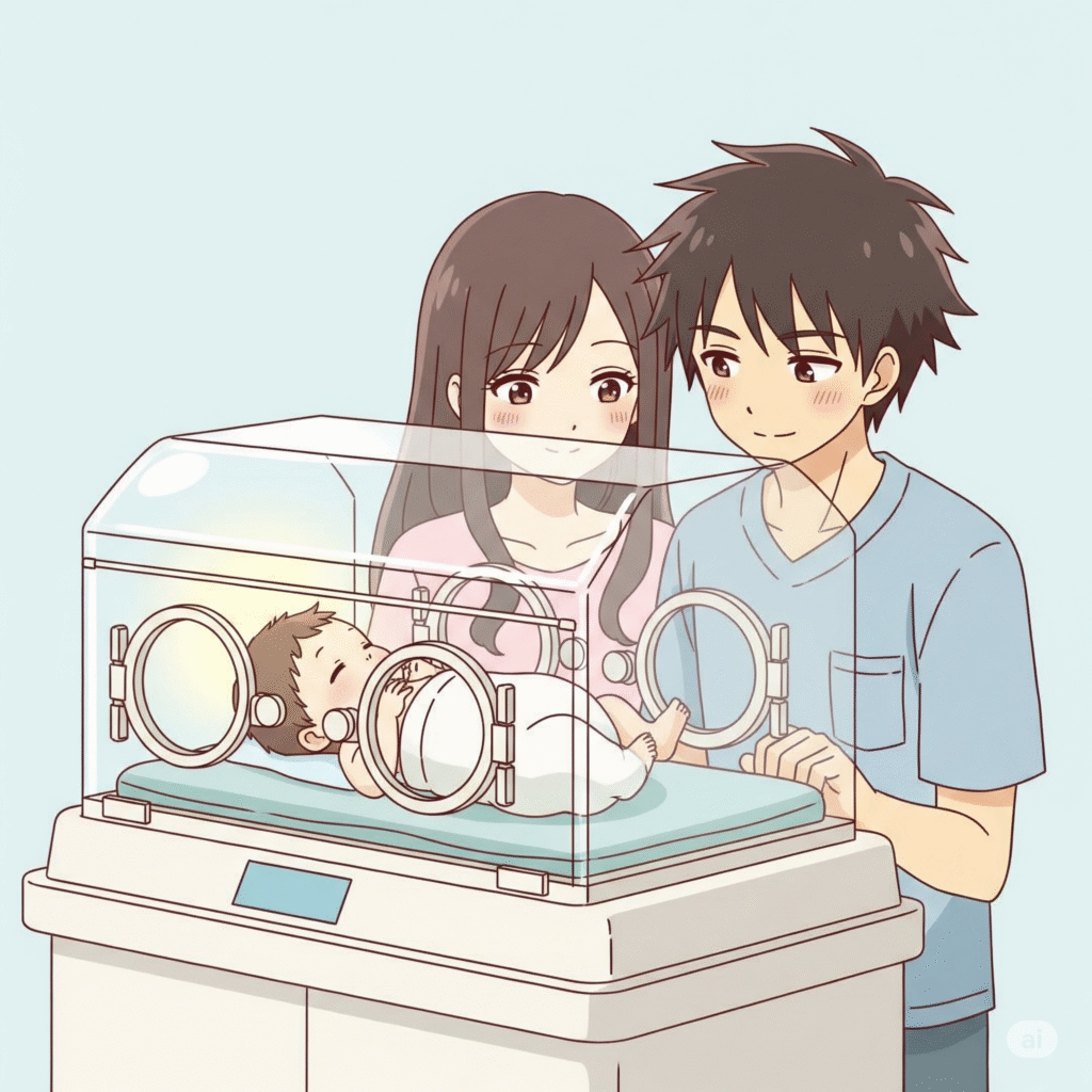 赤ちゃんを見守っている夫婦