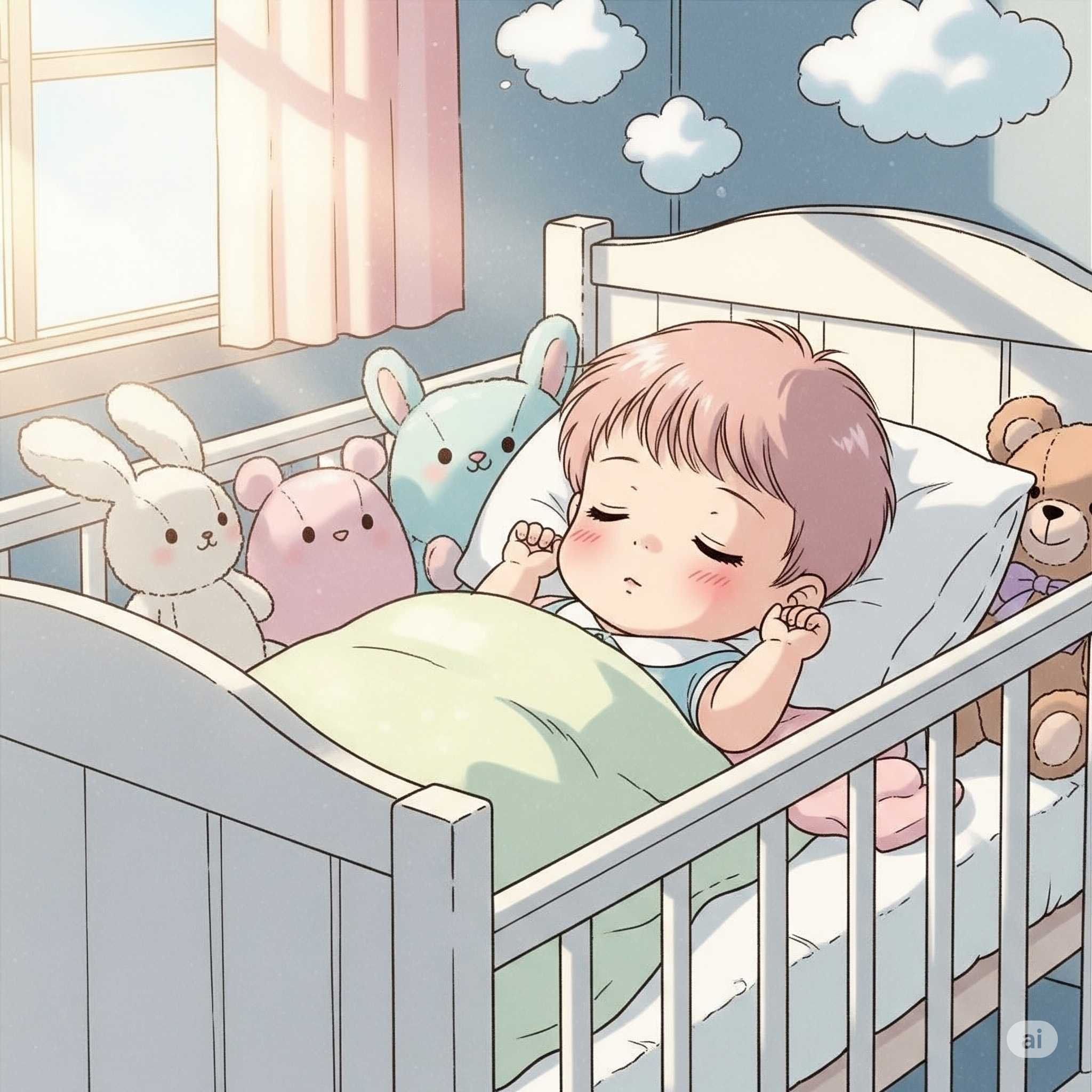 赤ちゃんがベビーベッドで寝ている
